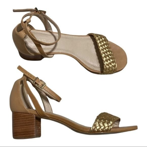 Barneys New York Shoes - Barneys New York Leather Gold/ Beige Block Heel Sandals Ankle Strap Size 7